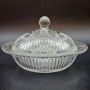 Queen Mary Depression Glass Lidded Butter Preserves Dish  Anchor Hocking Ribbed